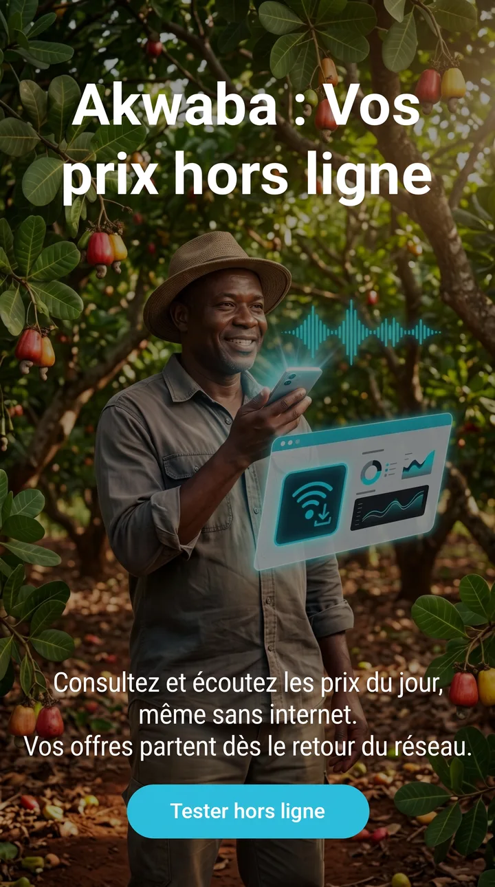 Un producteur de cajou consulte les prix du jour sur son téléphone, sans connexion internet